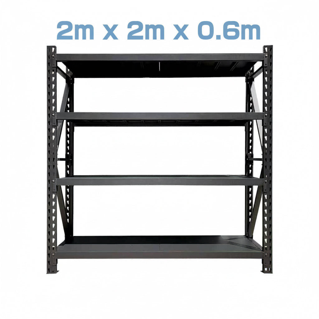 A matt black steel shelving unit with three tiers, measuring 2 meters in height, 2 meters in width, and 0.6 meters in depth.