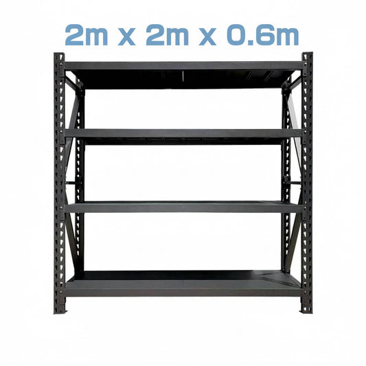 A matt black steel shelving unit with three tiers, measuring 2 meters in height, 2 meters in width, and 0.6 meters in depth.